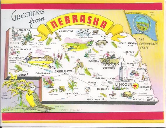 Nebraska Map Note Card with Envelope, A2 Size Stationery, Vintage State Illustration