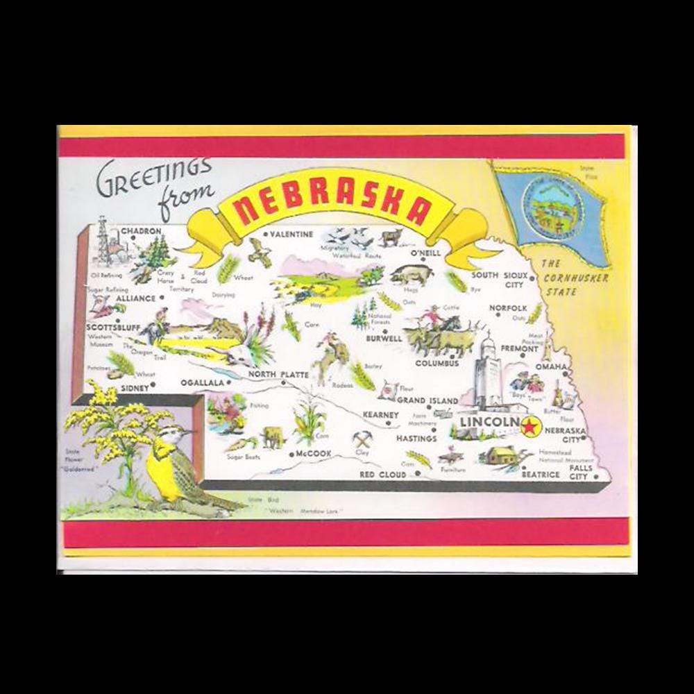 Nebraska Map Note Card with Envelope, A2 Size Stationery, Vintage State Illustration