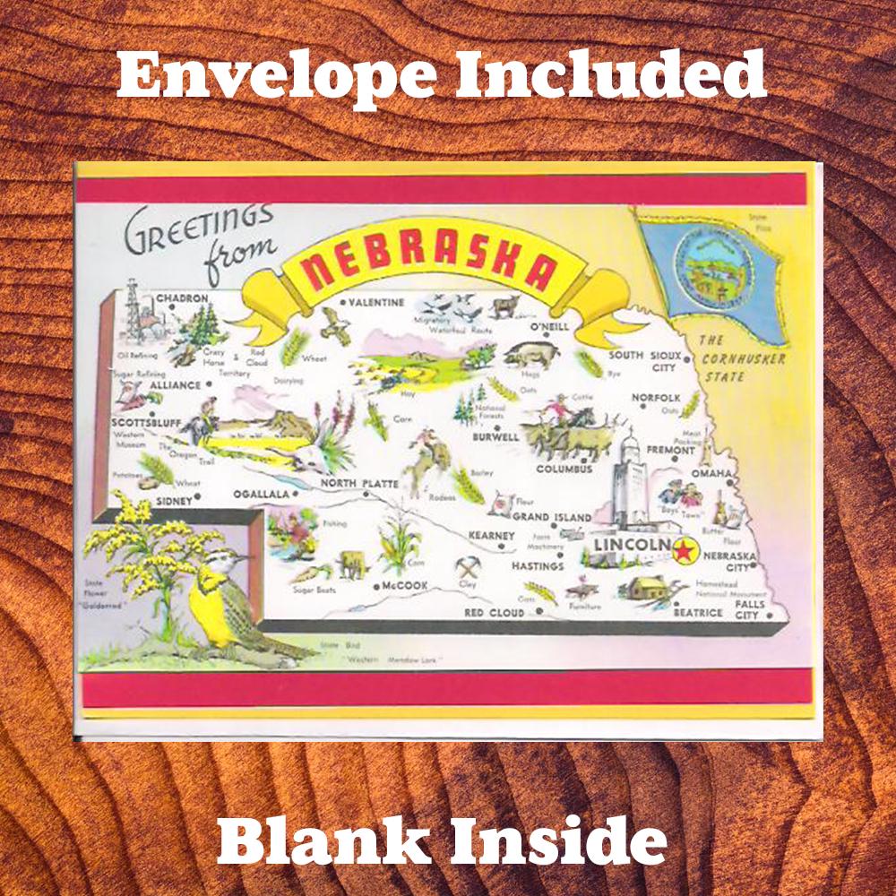 Nebraska Map Note Card with Envelope, A2 Size Stationery, Vintage State Illustration