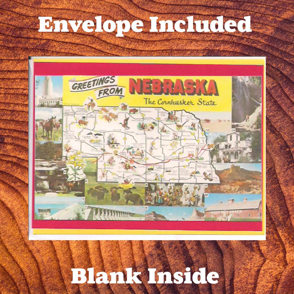 Nebraska Map Note Card – Greetings from Nebraska, Blank Inside (A2 Size)